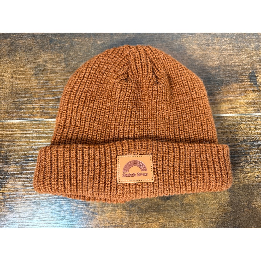 Dutch Bros Coffee Beanie Hat Rust Orange Brown Cuffed Knit Rainbow Patch Logo